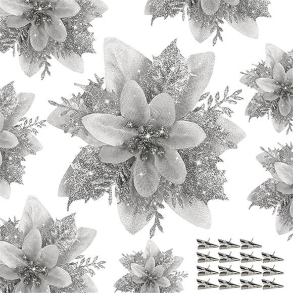 15 PCS Silver Poinsettia Flower Artificial Poinsettia with Clips Christmas Decor - Picture 7 of 7